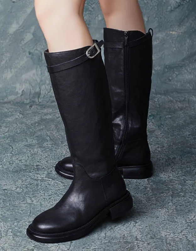 Genuine Leather Side Buckle British Style Knee High Boots