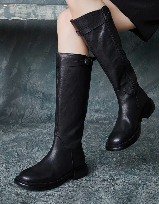Genuine Leather Side Buckle British Style Knee High Boots