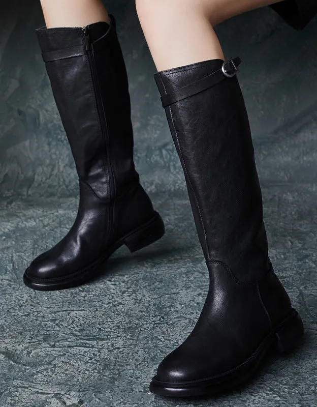 Genuine Leather Side Buckle British Style Knee High Boots