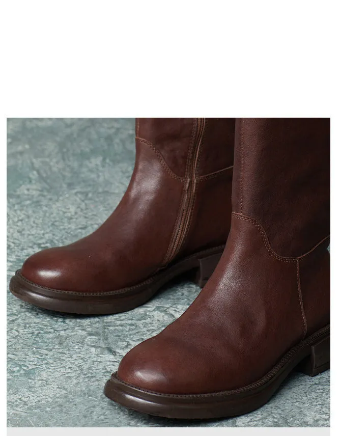 Genuine Leather Side Buckle British Style Knee High Boots