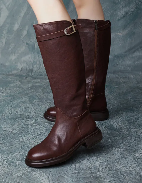 Genuine Leather Side Buckle British Style Knee High Boots