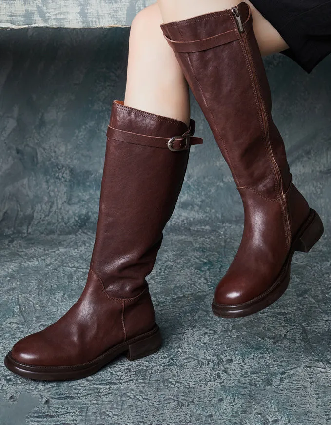 Genuine Leather Side Buckle British Style Knee High Boots