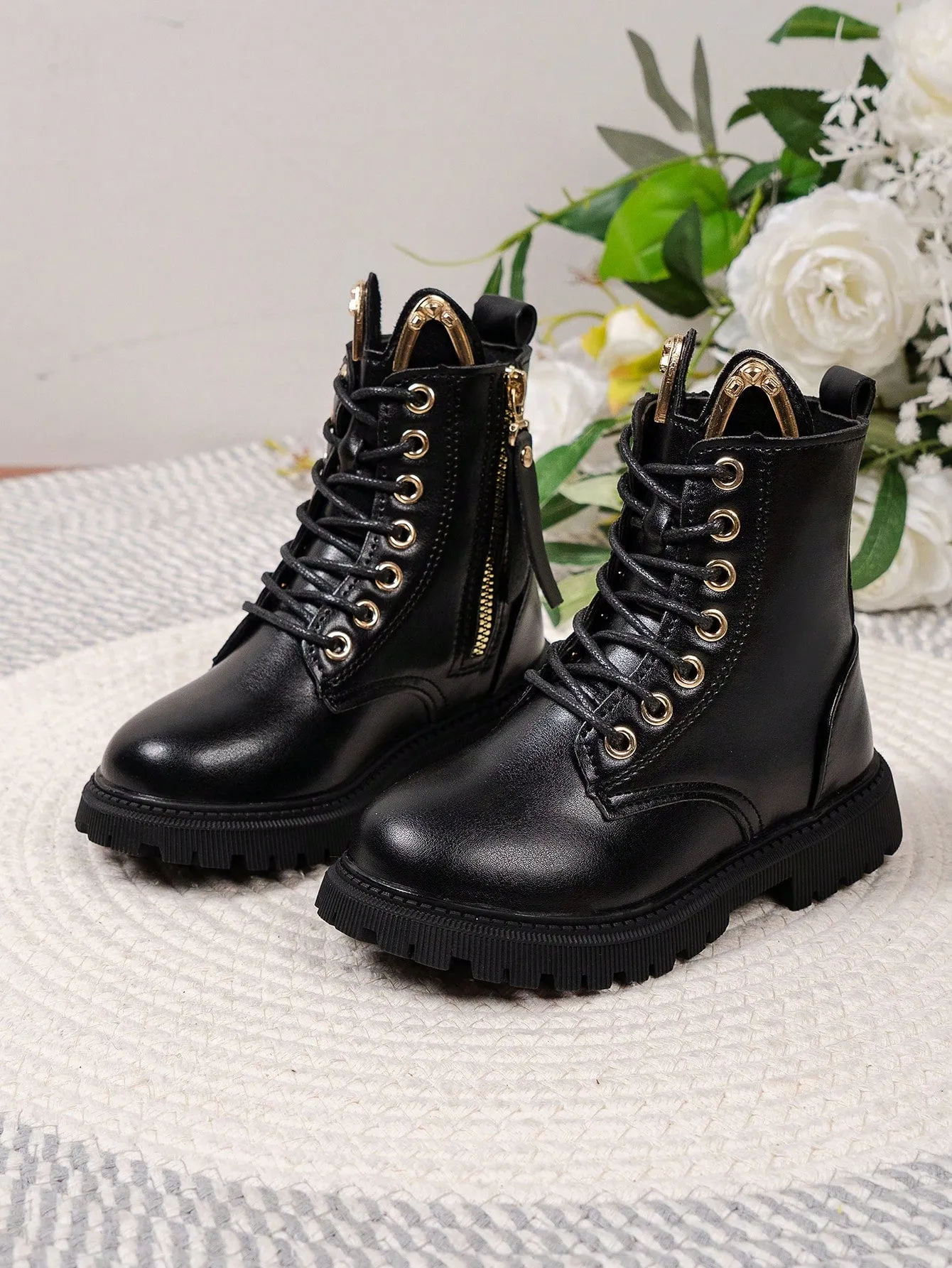 Girls Metal Decor Side Zipper Boots-FD