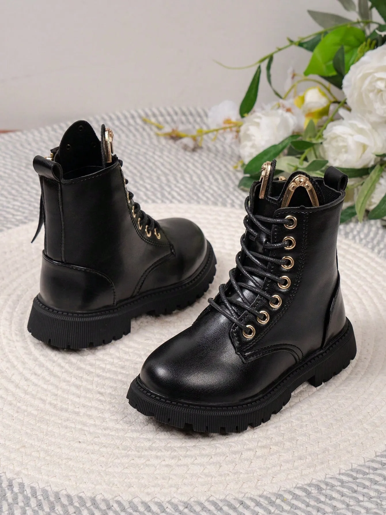 Girls Metal Decor Side Zipper Boots-FD