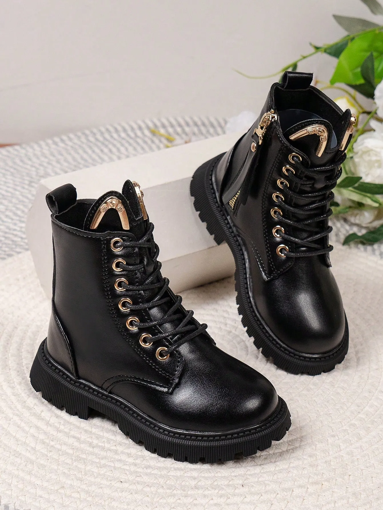Girls Metal Decor Side Zipper Boots-FD