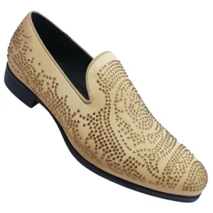 Gold Satin Material Men's Shoes Glitter Stone Tuxedo Pron Slip-On Loafer Style-S61