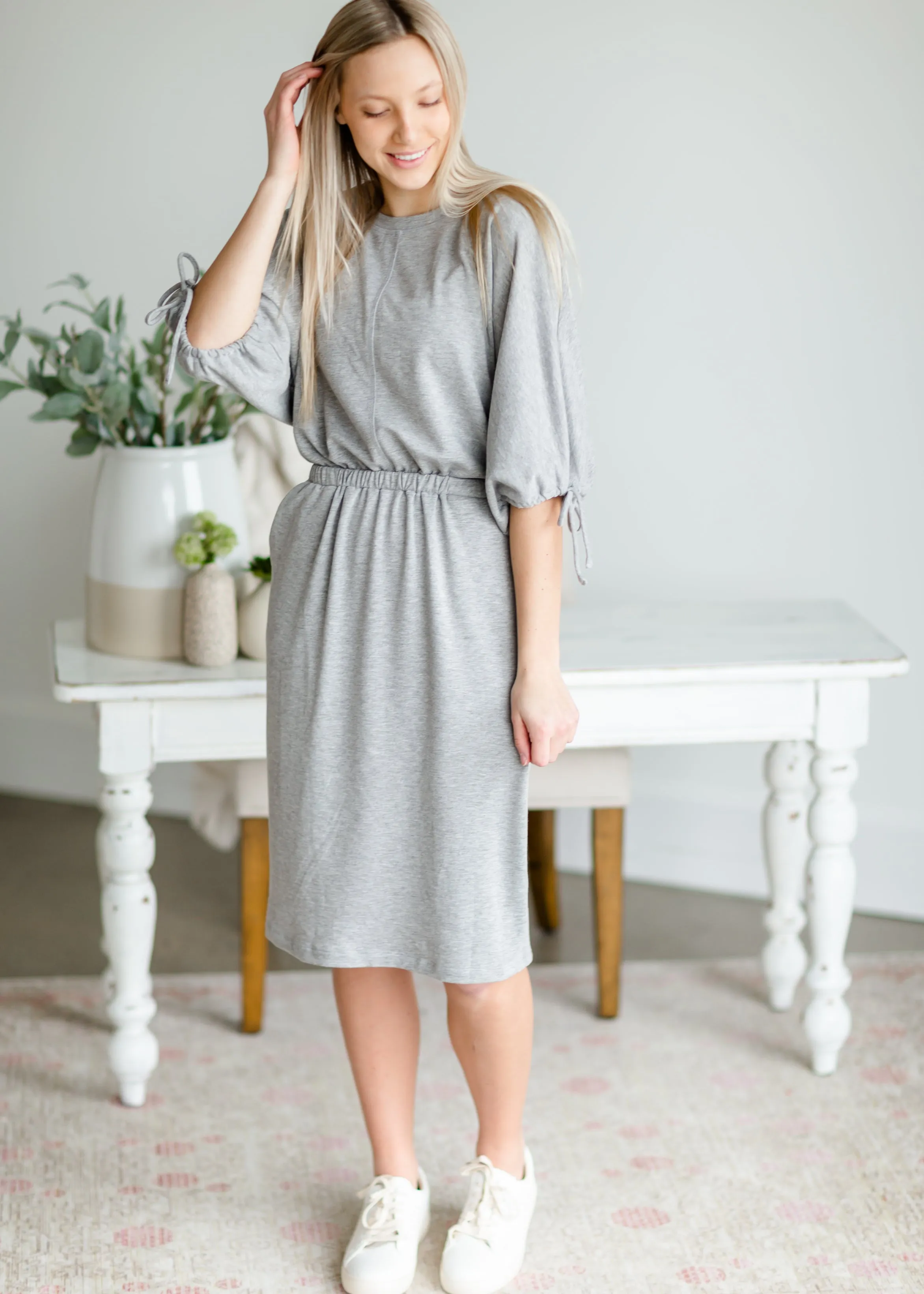 Gray 3/4 Sleeve Casual Midi Dress - FINAL SALE