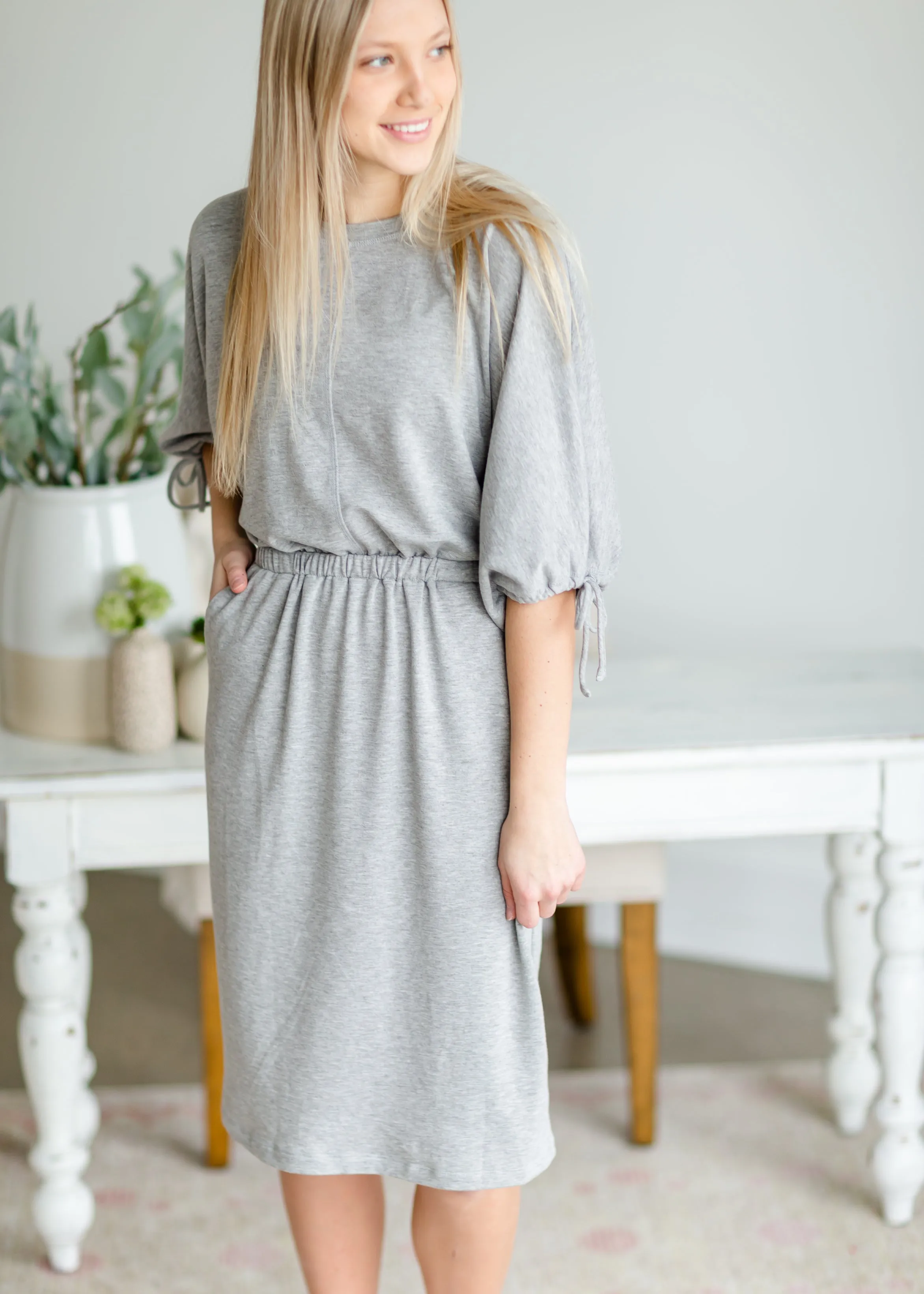 Gray 3/4 Sleeve Casual Midi Dress - FINAL SALE