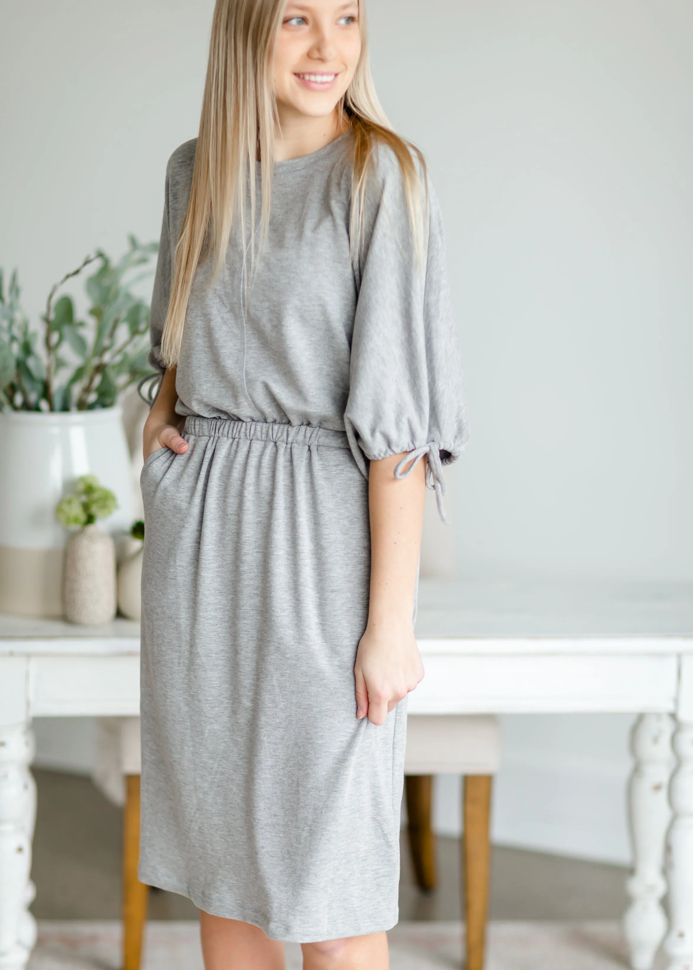 Gray 3/4 Sleeve Casual Midi Dress - FINAL SALE