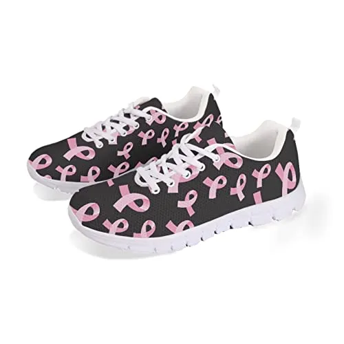 INSTANTARTS Breast Cancer Awareness Sneakers Womens Breathable Air Mesh Running Shoes Lace Up Tennis Flat Shoes