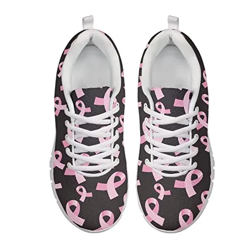 INSTANTARTS Breast Cancer Awareness Sneakers Womens Breathable Air Mesh Running Shoes Lace Up Tennis Flat Shoes