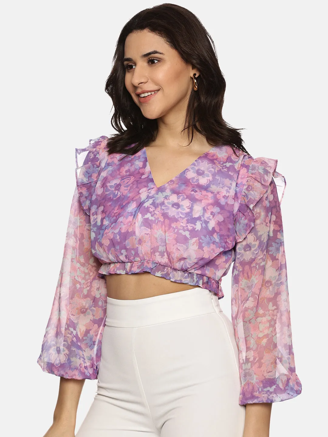 IS.U Floral Purple Front Gathered Crop Top