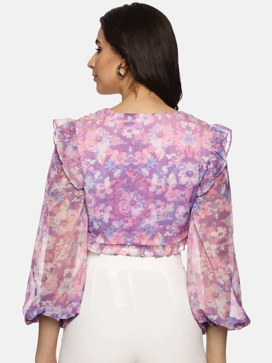 IS.U Floral Purple Front Gathered Crop Top
