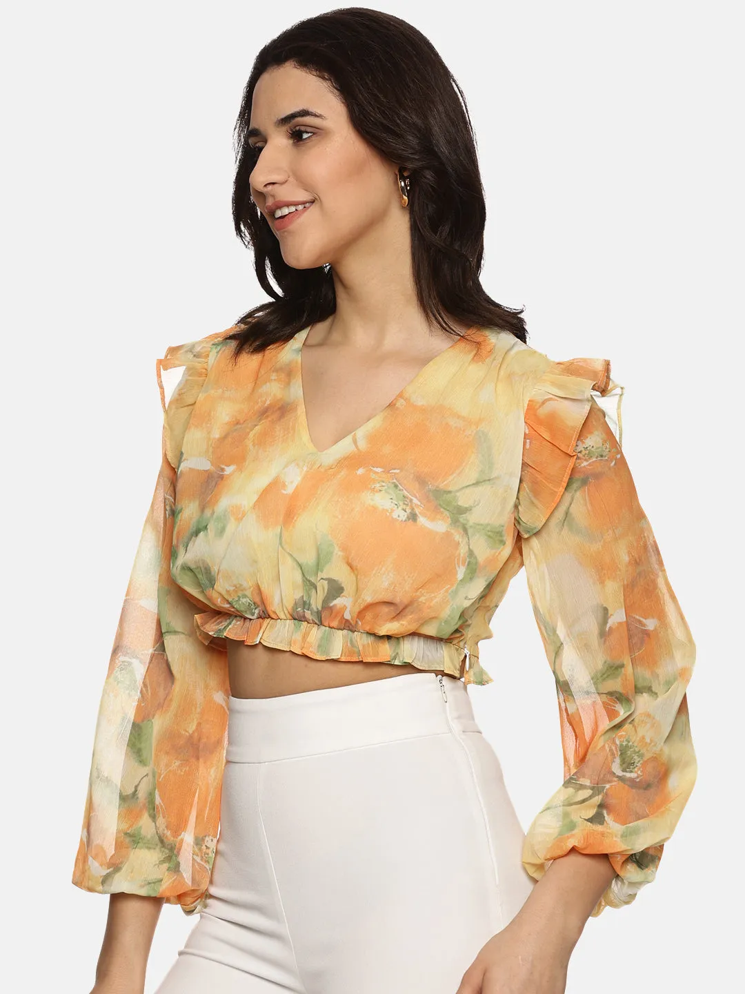 IS.U Floral Yellow Front Gathered Crop Top