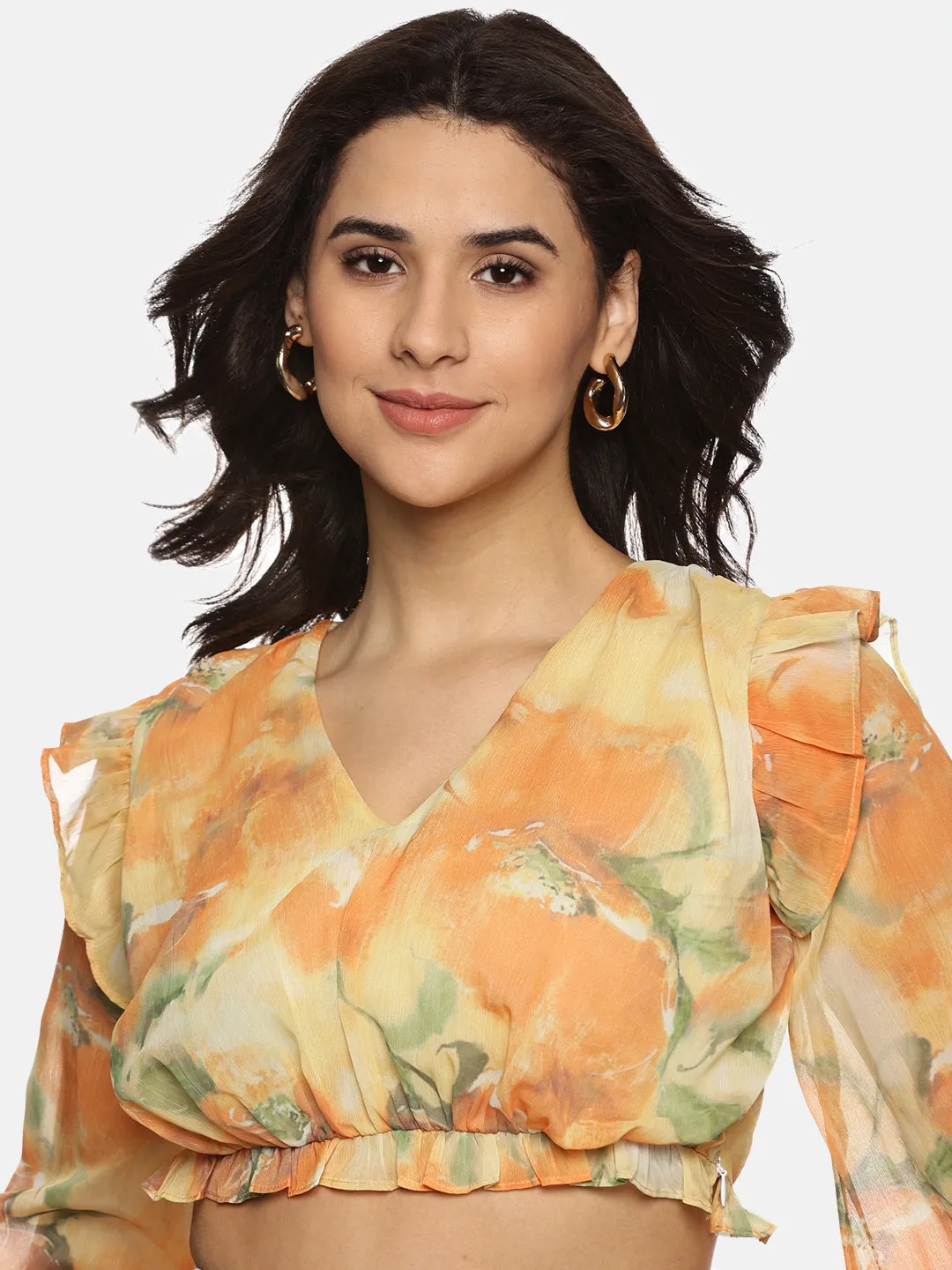 IS.U Floral Yellow Front Gathered Crop Top
