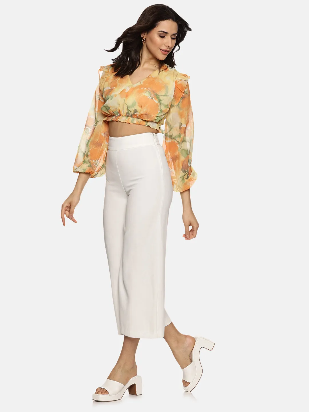 IS.U Floral Yellow Front Gathered Crop Top