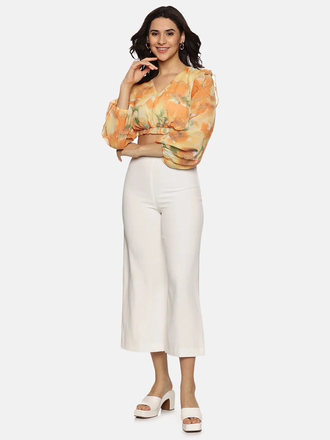 IS.U Floral Yellow Front Gathered Crop Top