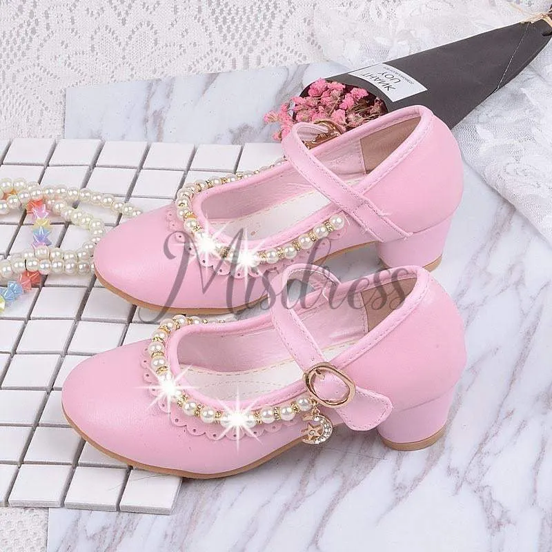 Ivory/Pink Leather Rhinestone Pearls Wedding Flower Girl Shoes High Heels Princess Shoes