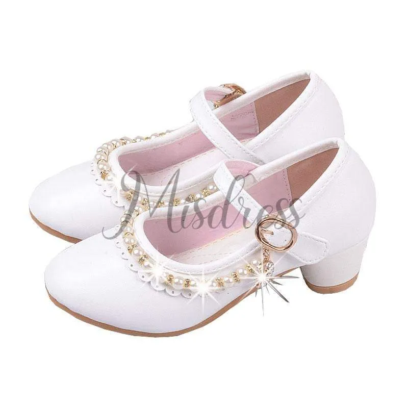 Ivory/Pink Leather Rhinestone Pearls Wedding Flower Girl Shoes High Heels Princess Shoes
