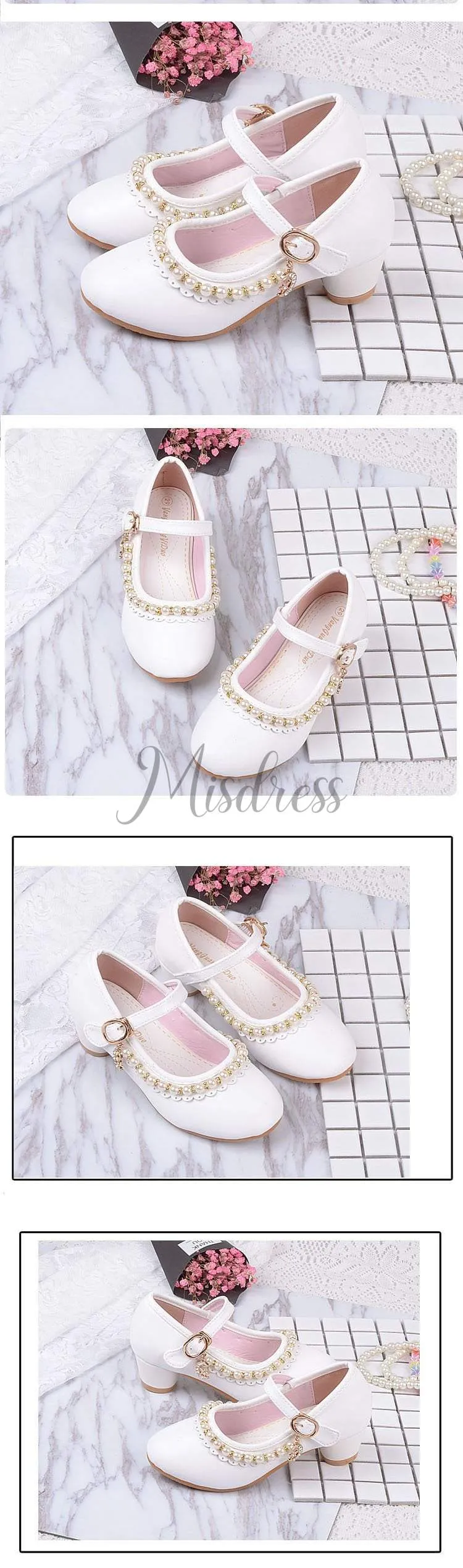Ivory/Pink Leather Rhinestone Pearls Wedding Flower Girl Shoes High Heels Princess Shoes
