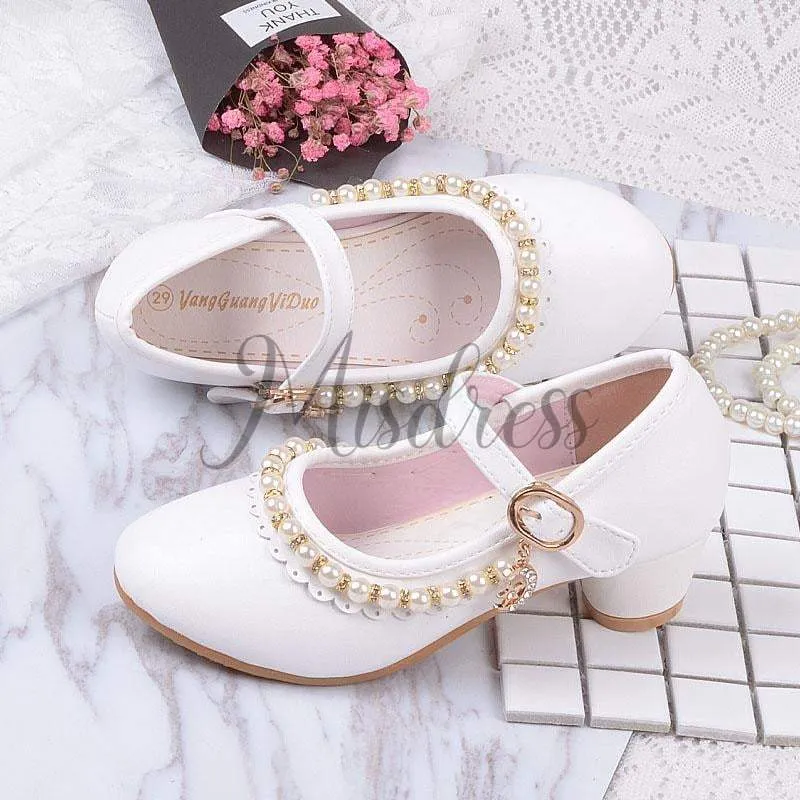 Ivory/Pink Leather Rhinestone Pearls Wedding Flower Girl Shoes High Heels Princess Shoes