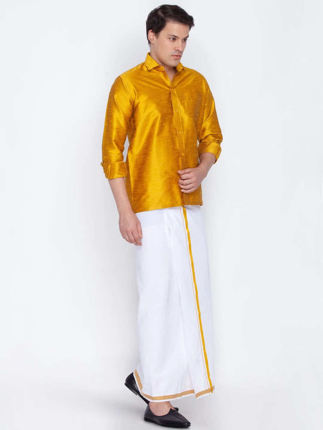 Jashvi Men's Yellow Cotton Silk Blend Shirt and Mundu Set