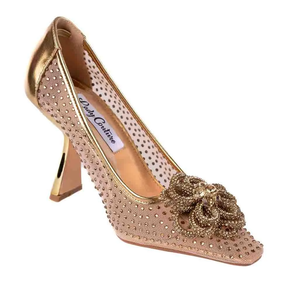 Lady Couture SWEET Gold Rhinestone Ornament Mesh Pump with 3.5 Inch Heel
