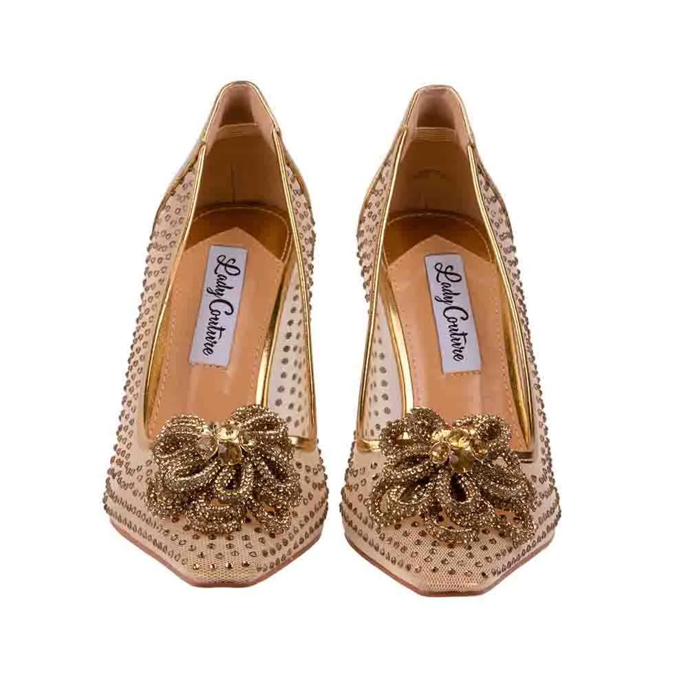 Lady Couture SWEET Gold Rhinestone Ornament Mesh Pump with 3.5 Inch Heel