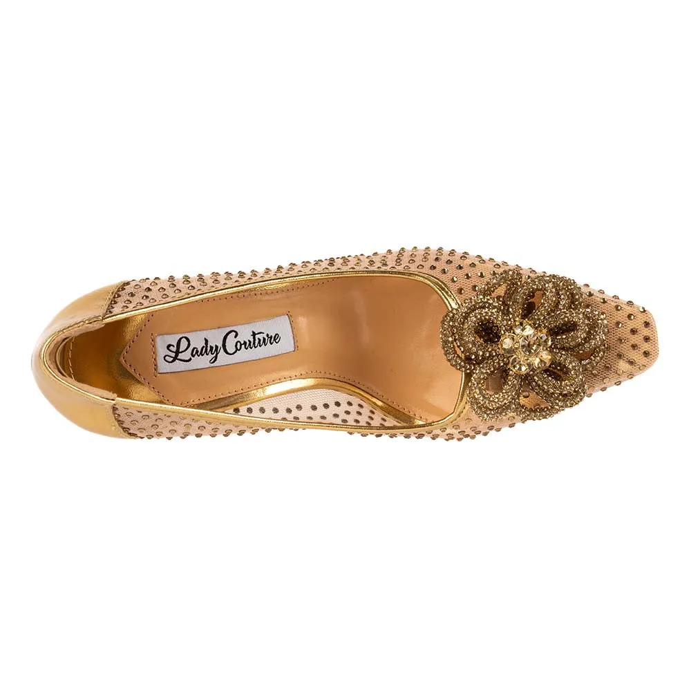 Lady Couture SWEET Gold Rhinestone Ornament Mesh Pump with 3.5 Inch Heel