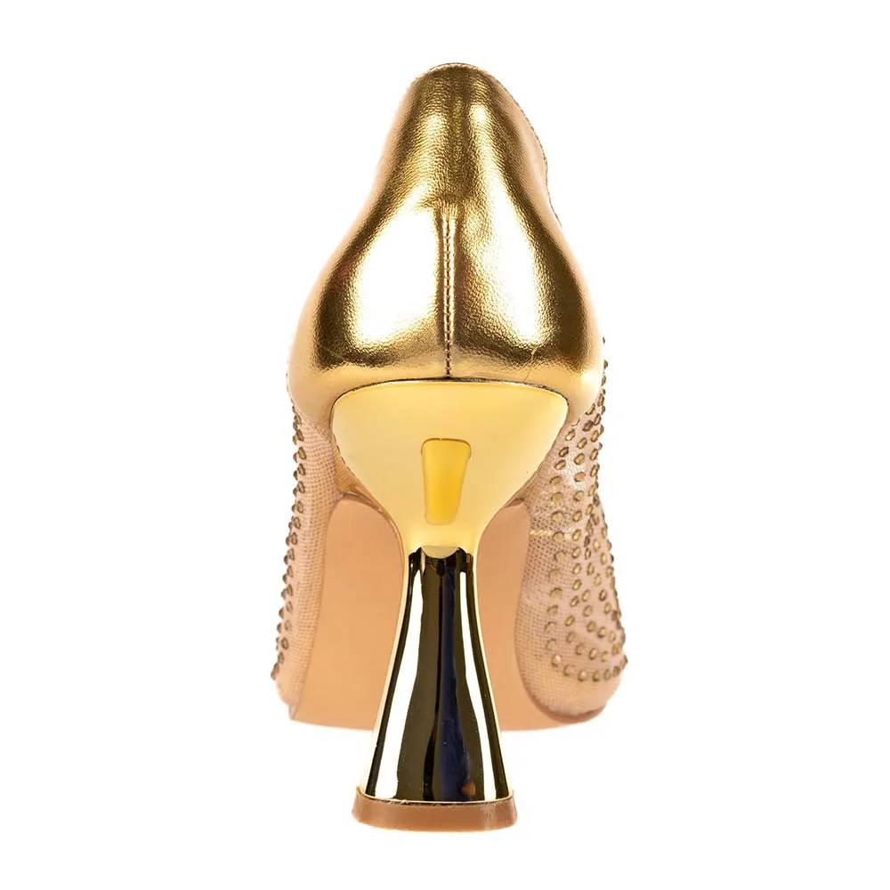 Lady Couture SWEET Gold Rhinestone Ornament Mesh Pump with 3.5 Inch Heel
