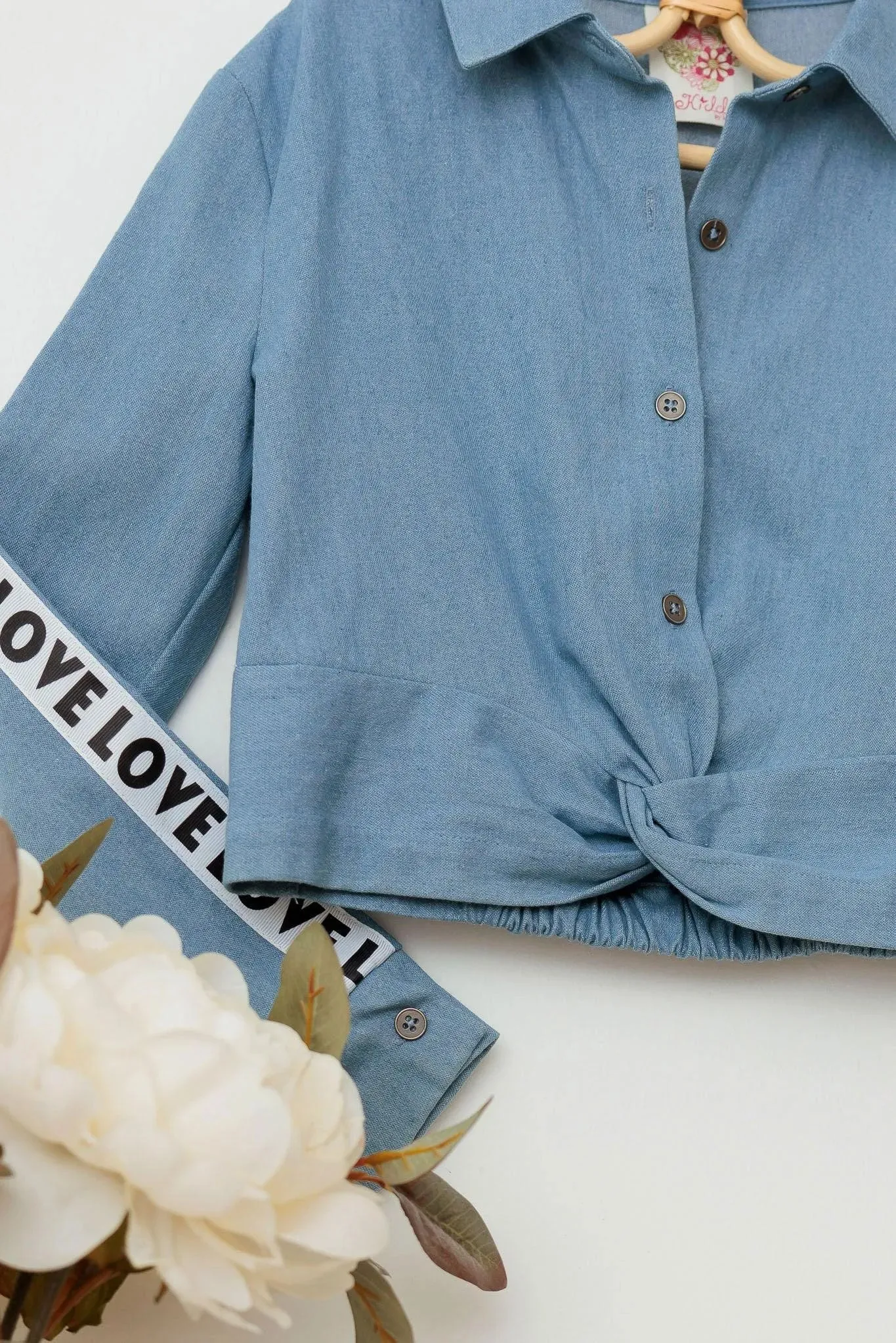 Little Girls Denim "Love" Lettering Button Up Knot Top