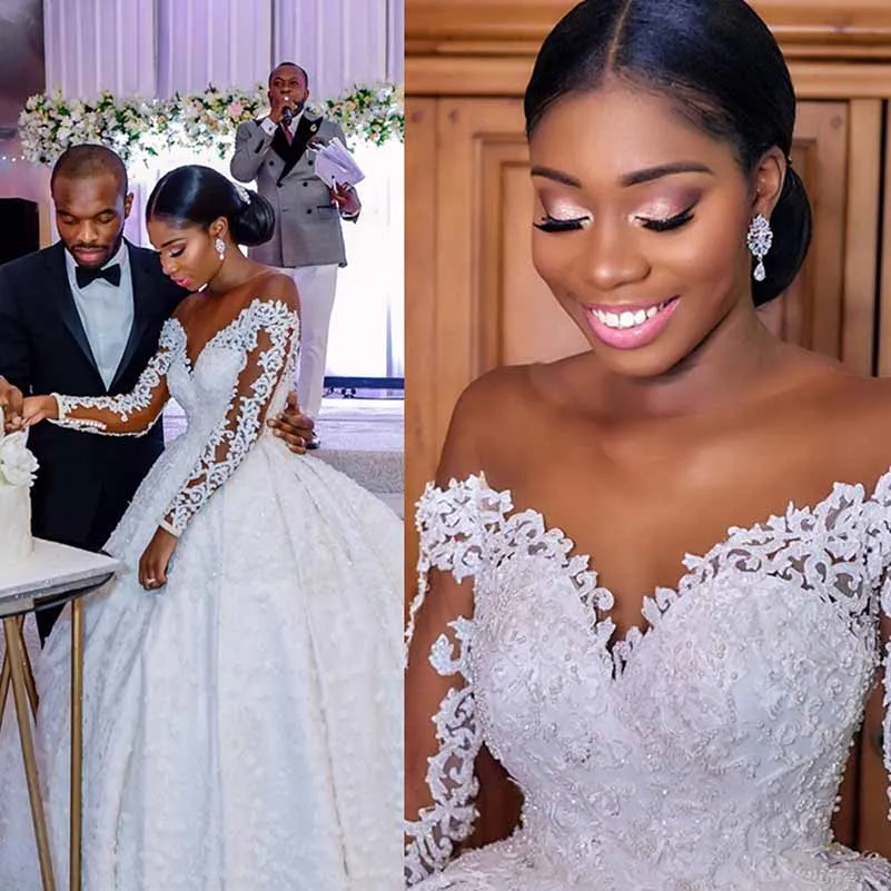 Long Sleeve Lace Wedding Dress with Pearl Beading and Illusion Top Bridal Gown
