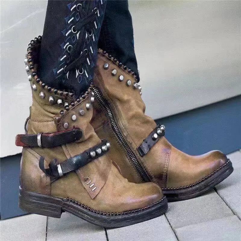 Low Heel Buckle Rivet Calf Boots