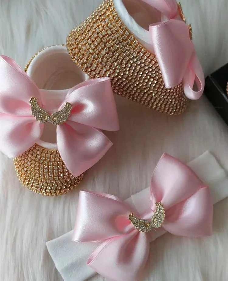 Luxurious Bling Shoes and Headpiece Set - Winged Gold and Pink
