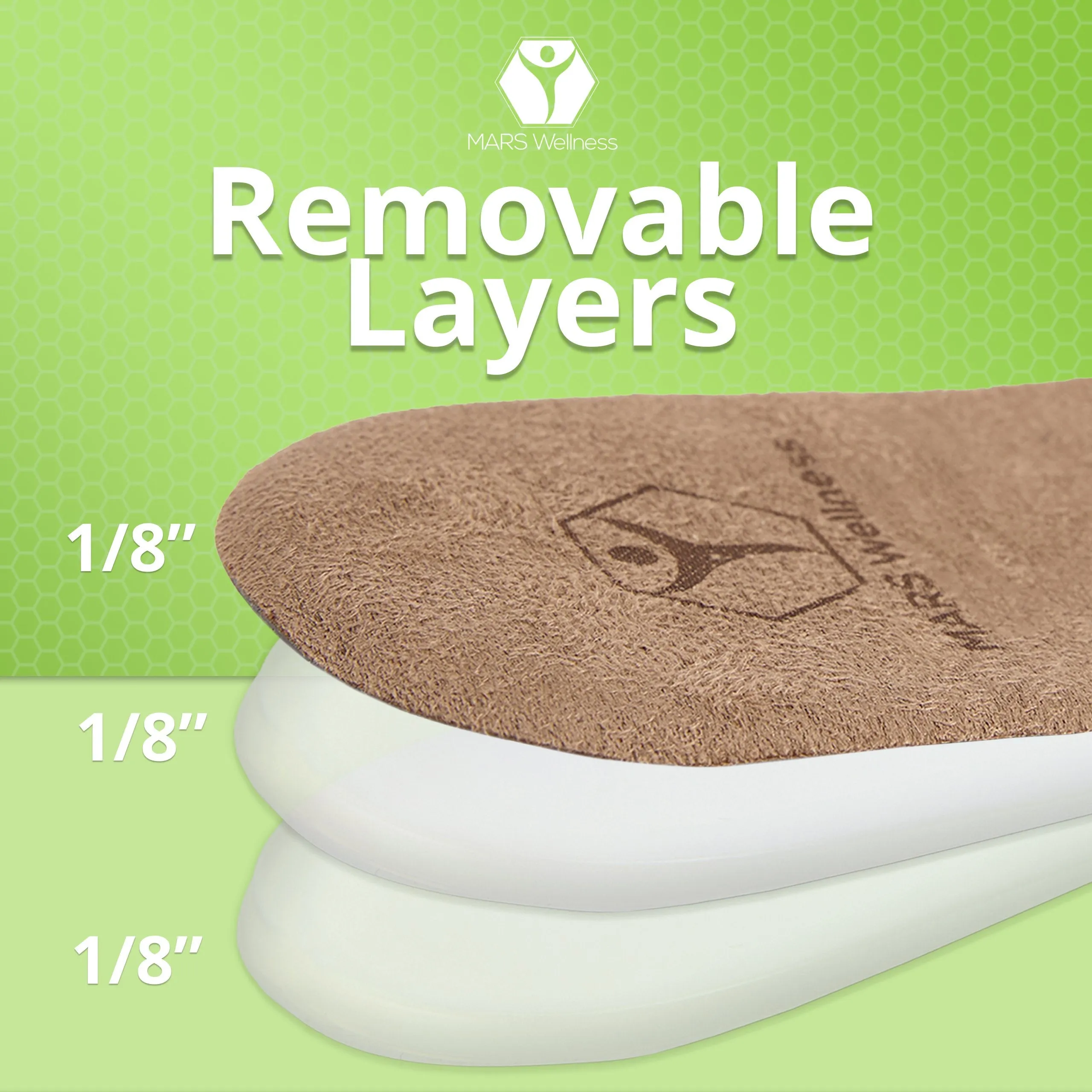 Mars Wellness Gel Heel Lift - 3 Layers, 1/8" per Layer, Adjustable Height - Soft Suede Top - 1 Pair