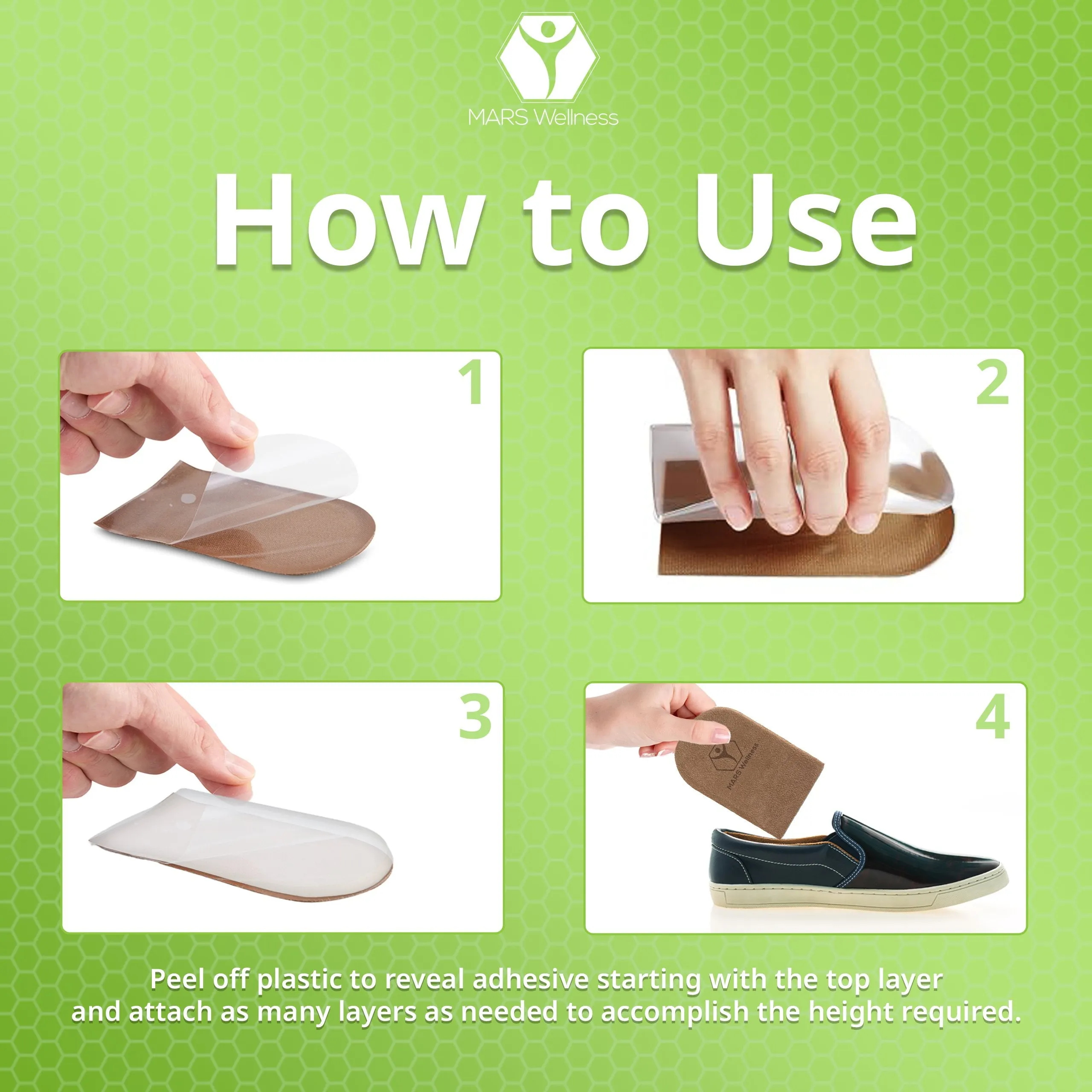 Mars Wellness Gel Heel Lift - 3 Layers, 1/8" per Layer, Adjustable Height - Soft Suede Top - 1 Pair