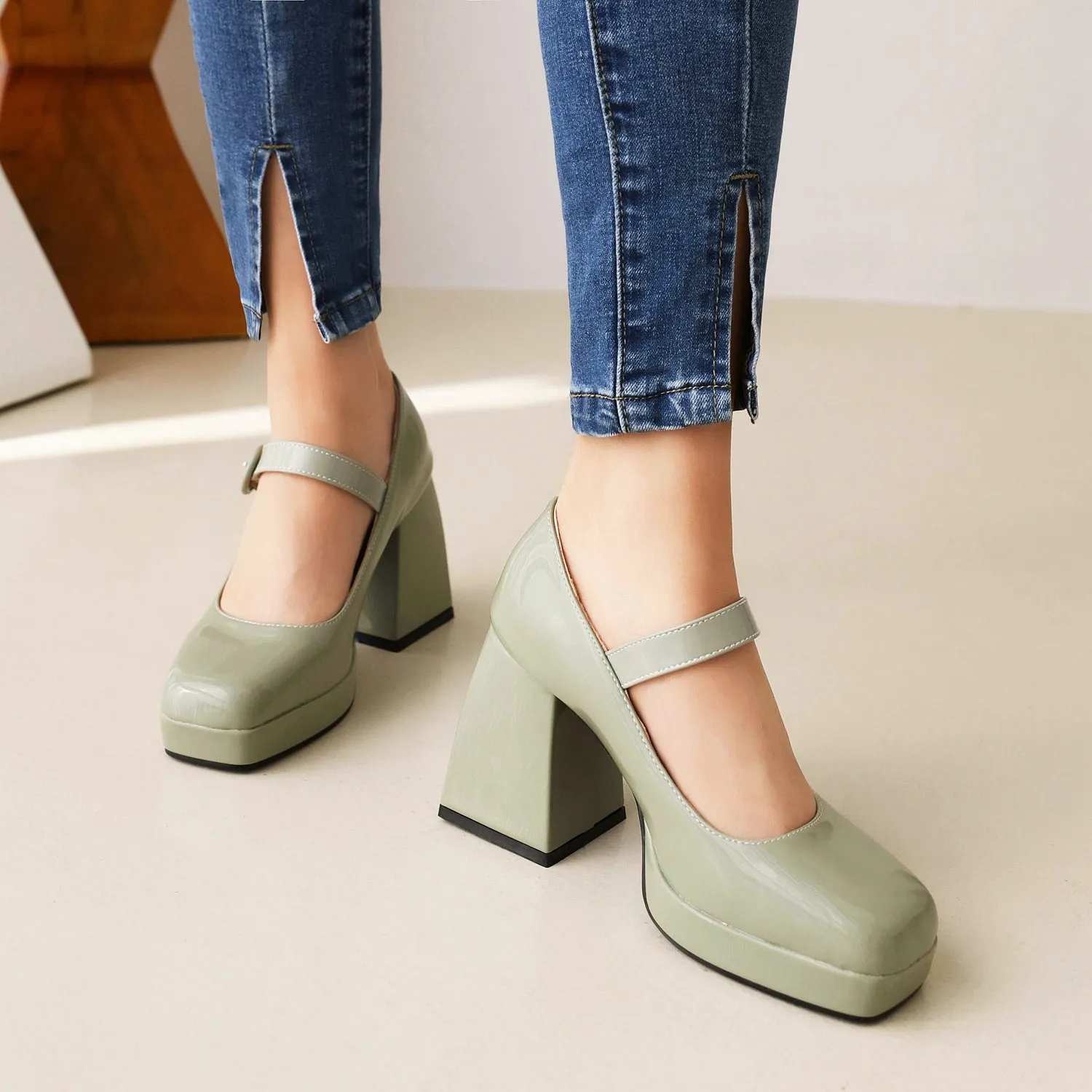 Mary Jane Sqaure Toe Platform Pumps Patent Leather Chunky Heels for Ladies