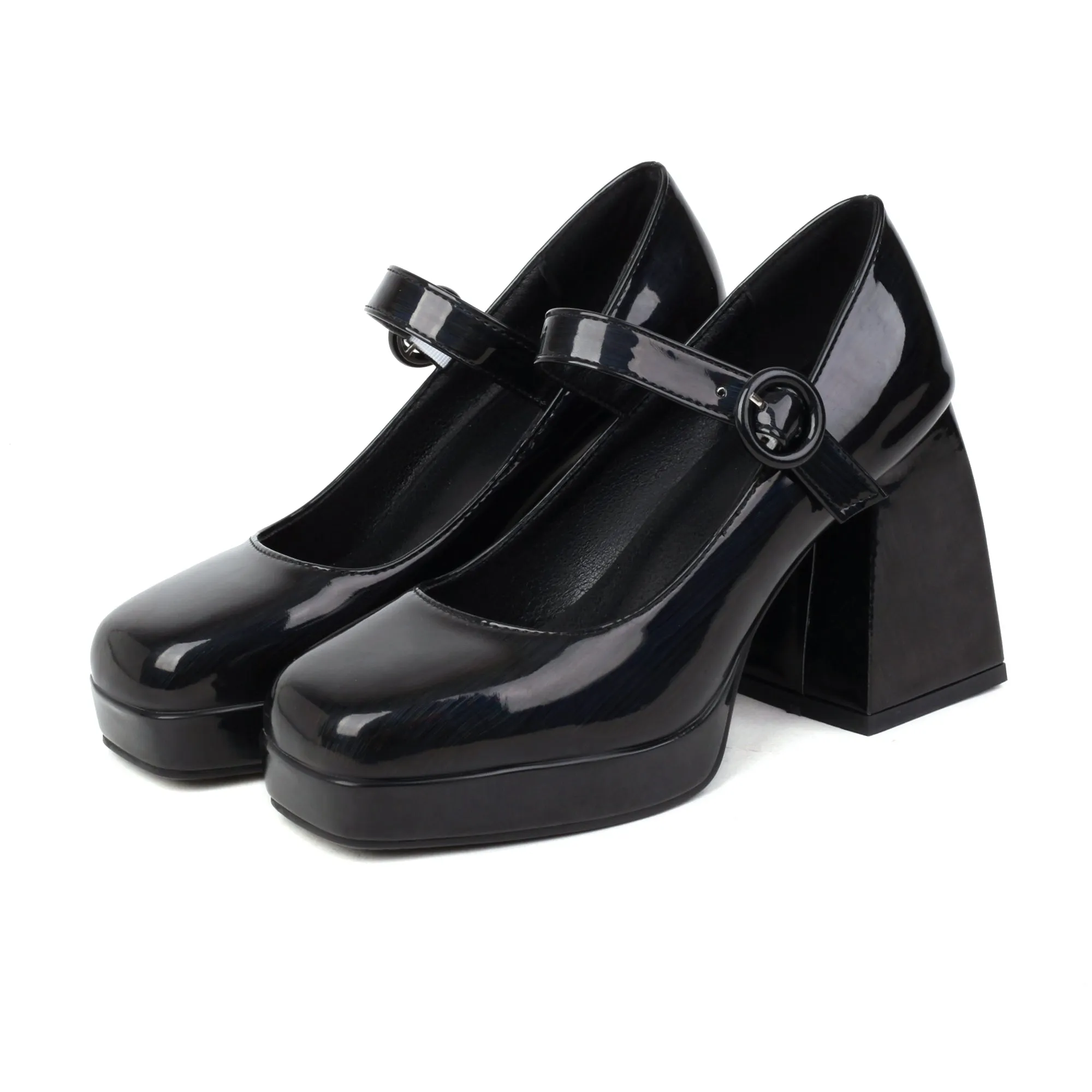 Mary Jane Sqaure Toe Platform Pumps Patent Leather Chunky Heels for Ladies
