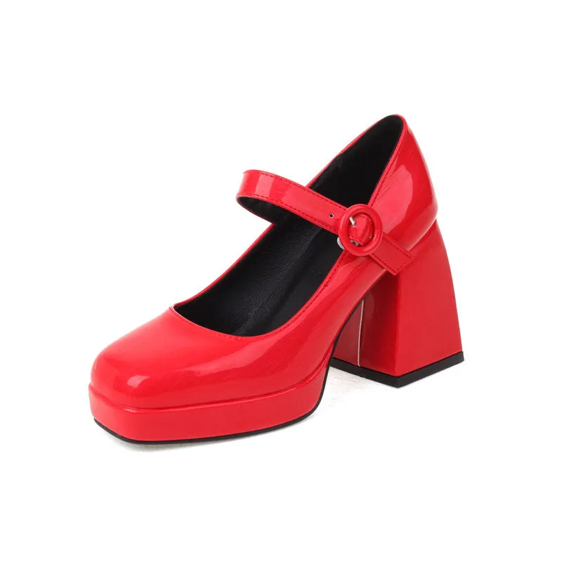 Mary Jane Sqaure Toe Platform Pumps Patent Leather Chunky Heels for Ladies