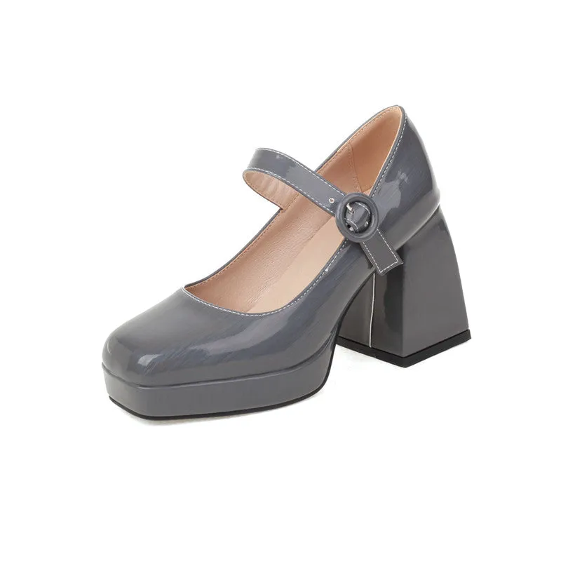 Mary Jane Sqaure Toe Platform Pumps Patent Leather Chunky Heels for Ladies