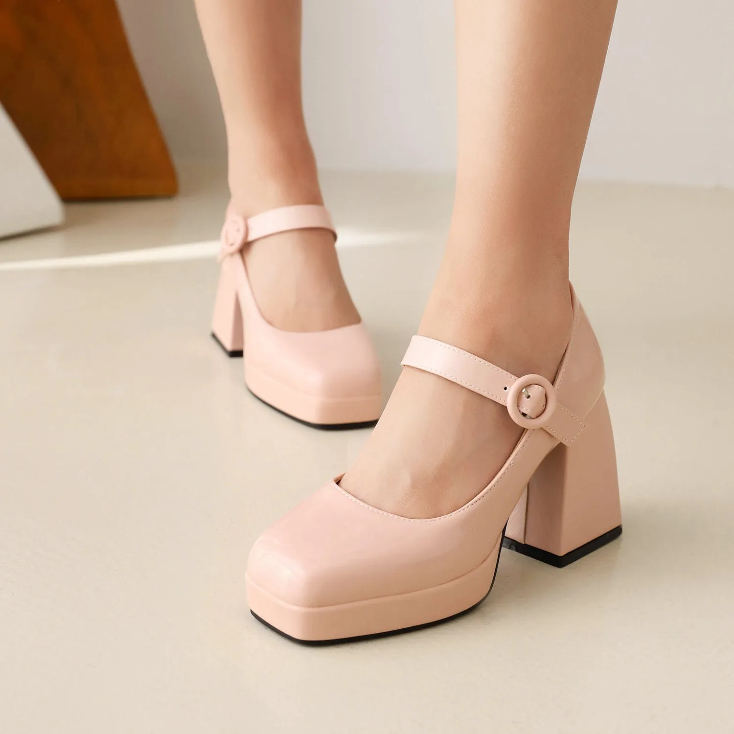 Mary Jane Sqaure Toe Platform Pumps Patent Leather Chunky Heels for Ladies