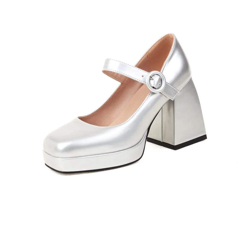 Mary Jane Sqaure Toe Platform Pumps Patent Leather Chunky Heels for Ladies