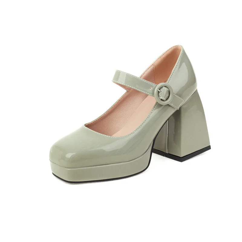 Mary Jane Sqaure Toe Platform Pumps Patent Leather Chunky Heels for Ladies