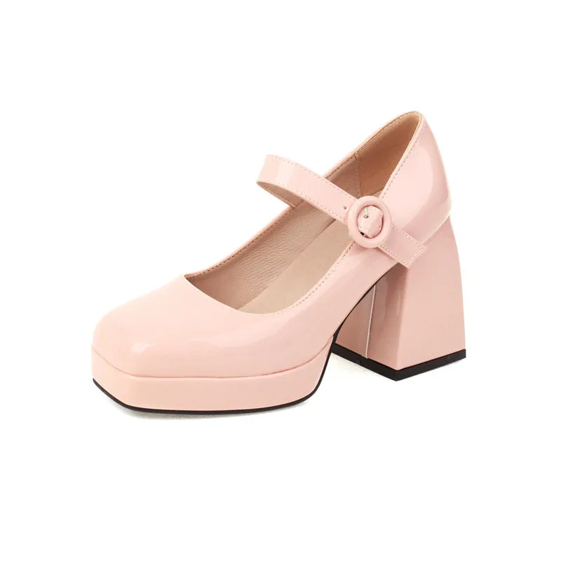 Mary Jane Sqaure Toe Platform Pumps Patent Leather Chunky Heels for Ladies