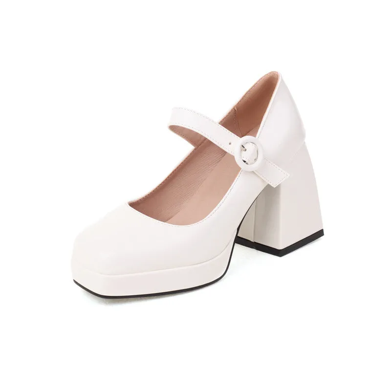 Mary Jane Sqaure Toe Platform Pumps Patent Leather Chunky Heels for Ladies