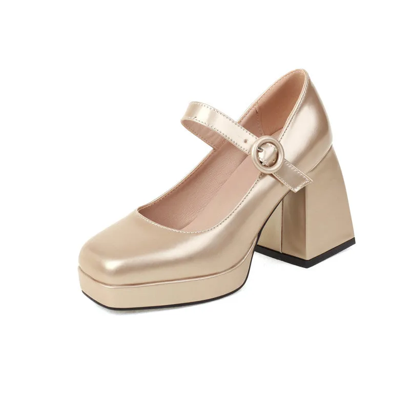 Mary Jane Sqaure Toe Platform Pumps Patent Leather Chunky Heels for Ladies