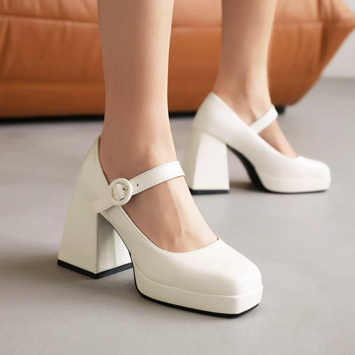 Mary Jane Sqaure Toe Platform Pumps Patent Leather Chunky Heels for Ladies