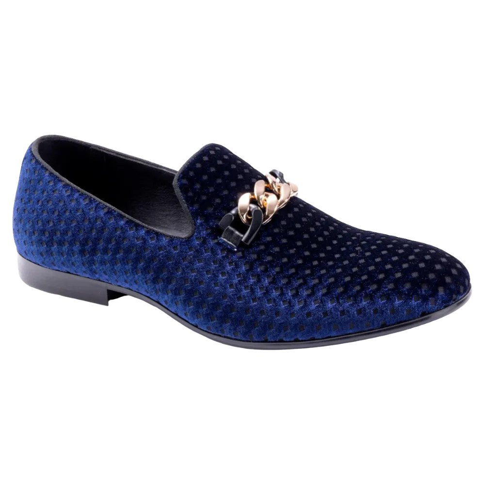 Men's Blue Velvet Material Slip-on Shoe Gold Chain Luxury Loafer