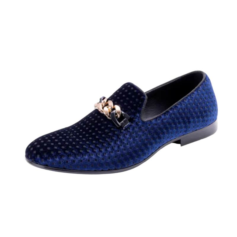 Men's Blue Velvet Material Slip-on Shoe Gold Chain Luxury Loafer