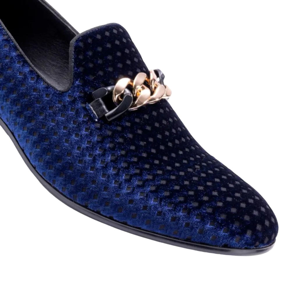 Men's Blue Velvet Material Slip-on Shoe Gold Chain Luxury Loafer